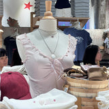 Ifomt New Light Pink Ruffle Sweet Tank Lace-up Sleeveless Sexy Chic Crop Top Woman Fashion Street Folds V-neck Slim Summer Camisole