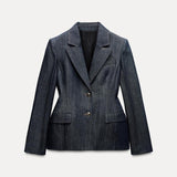 Ifomt Elegant Solid Denim Women Trouser Suits Lapel Pocket Jacket Strapless Tanks Straight Pants 2025 Spring New Fashion Female Sets