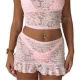 IFOMT Outfits Women's Y2K Floral Lace See-through Elastic Low Waist Ruffled Hem Slim Fit Short Mini Mermaid Skirts Bikini Cover-ups