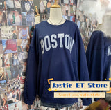 Ifomt BOSTON Letter Patch Embroidery Winter Sweatshirt Round Neck Retro Y2K Autumn Pullovers Top Harajuku Streetwear Navy Blue Hoodie