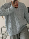 IFOMT Solid Crew Neck Cable Knit Sweater