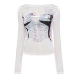 IFOMT Aesthetic Sexy Mesh Top Women Long sleeve T-shirt Summer Fairy Grunge Clothes Transparent Printing Streetwear Y2k Off Shoul Tops