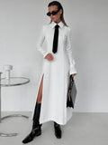 IFOMT Side Slit Long Dress For Women White Elegant Turn Collar Tie Midi Dresses Femme 2024 New Street Loose Slender Dress Woman