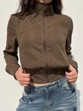 IFOMT Vintage Brown Zip Up Slim Short Jacket