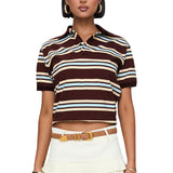 IFOMT Outfit Women's Summer Y2K Vintage Basic T-Shirt Striped Contrast Color Lapel Neck Short Sleeve Aesthetic Grunge Cropped Tops