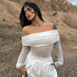 IFOMT Outfit Mesh Sheer See Through T-Shirts Crop Tops Summer Party Clubwear Women Sexy Slash Neck Off Shoulder Ruched Tees Shirts