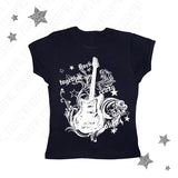 Ifomt Fashion Y2K Fake Two Guitar Print Punk T-shirts Women Slim Goth Street Retro black Tops Dark crop Tops Sexy Clothing 2000s Tops Casual Outfit