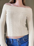IFOMT Knit Braided Pattern Boat Neckline Slim Fit Crop Sweater