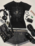 Ifomt American T-shirt Goth Y2k Clothes Punk Letter Print Vintage Short Sleeve Slim Crop Top Harajuku Summer 2000s Grunge Tee Emo Sexy