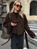 IFOMT Fashion Double Breasted Wool Coat Office Lady Lapel Brown Retro Short Jackets Loose Solid 2024 Fall Winter Female Outwear