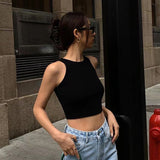 IFOMT Women Solid O Neck Ribbed Sleeveless Tank Top Camisole Women Summer Basic Elastic Black Crop Top Ladies