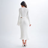 IFOMT Outfit CUTENOVE Elegant Knitted Skirt Suits For Women Fungus Cut Out Sexy Cardigan Top Long Slim Skirt Beach Holiday Lady Two Piece Set