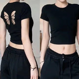 IFOMT Fashion Women T-shirt Short Sleeve O Neck Solid Slim Fit Ladies Crop Top Butterfly Hollow Backless for Casual Tops Summer 2024