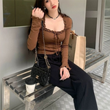 IFOMT Square Neck Pleated Sexy Tops Casual  Autumn Slim Long Sleeved T-shirt for Women's Ins Fashion Crop Top