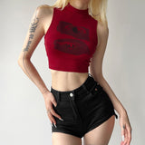 IFOMT Summer Tank Top Women Y2k Clothing Fashion Crop Top High Neck Red Printing Sleeveless Sexy Streetwear Girls' Short Tops