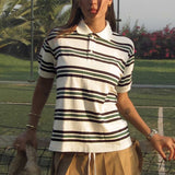 IFOMT Outfit Women's Summer Y2K Vintage Basic T-Shirt Striped Contrast Color Lapel Neck Short Sleeve Aesthetic Grunge Cropped Tops