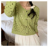 Ifomt Long Sleeve Crochet Top for Women Sheer Button Up Hollow Out Openwork Knit Cardigan Jacket Spring Summer Boho Vacation Outfit Casual Outfit