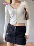 Ifomt Beige Pit Stripe Knitting Long Sleeve Coats Top Woman Solid Color Simple Sweet Auutmn Winter Jacket V-neck Tight Short Sweater