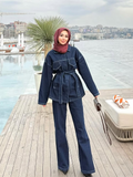 Ifomt Retro Belt Denim Pants Set Women Lapel Pockets Long Sleeved Jacket Zipper Straight Leg Jeans 2025 Spring High Street Female Sets