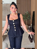 Ifomt Street Denim Pants Set Women Sleeveless Single Breasted Slim Square Collar Tank High Waist Straight Jeans 2025 Summer Lady Suit