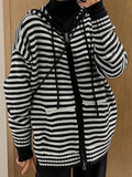 IFOMT Striped Hooded Double Zip Knit Cardigan