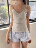 Ifomt Bow White V-neck Folds Tank Tops Women New Casual Slim Adjustable Shoulder Strap Vests Vintage Sweet Preppy Style Camisole Y2K