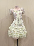 Ifomt Sweet Lolita Dress Gtoh Ball Gown Punk Y2k Party Dresses Fairy Floral Print Harajuku Korea 2000s Short Sleeve Bow 2Piece Set Emo
