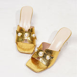 IFOMT  2024 Fashion Chic Transparent Heels Slippers For Women Pearl Leather Square Toe Summer Sandals Female Shoes Mules Slides