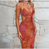 Ifomt Women's Sexy Deep V High Waist Printed Halter Dress Sleeveless Slim Fit Backless Lace Up Dresses Summer Fashion Party Dress 2025
