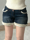 IFOMT Spring Outfits Kawaii Fluffy Trim Mini Jeans Women Chic Gentle Sweet Style Pants Fashion All-Match Blue Short Design