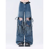 Ifomt Women Retro Blue Pants Baggy Vintage Y2k Harajuku 90s Aesthetic Pants Hollow Out High Waist Wide Leg Trouser 2000s Clothes 2024