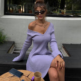 IFOMT Autumn Winter Sweater Dress Sexy Off-Shoulder Women's A-Line Hem Elegant Rib Knit Mini Dresses Long Sleeve Higt WaistedChristmas Gifts