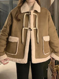 IFOMT Suede Splice Horn Buckle Lapel Neck Jacket