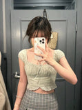 Ifomt Square Collar Lace-up Chic Summer T-shirts Flower Embroidery Tight Sexy Crop Top Sweet White Versatile Short Sleeve Tee Tank