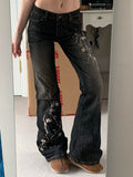 Ifomt Weekeep Floral Embroidery Jeans Vintage 2000s Low Rise Flared Jeans Women Retro y2k Baggy Denim Pants High Street Basic Trousers Casual Outfit