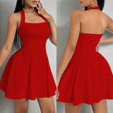 Ifomt All Seasons Women's Dresses Fashion Halter Square Neck Pleated A-Line Mini Elegant Dress New Year Valentine's Day Gift