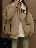 IFOMT Vintage Fuzzy Collar Zip Up Jacket