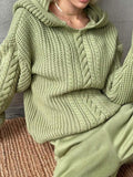 IFOMT Solid Color Hooded Cable Knit Sweater