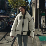 IFOMT Spring Outfits Winter Warm Lamb Wool Jacket Casual Loose Thick Coat Contrast Color One Piece Faux Fur Jacket Coat Plush Jacket Women