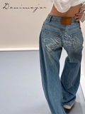 Ifomt Street Letter Hot Drilling Denim Pants Women Loose Zipper Pocket Wide Leg Jean Female 2025 Spring Female Casual Straight Trouser