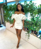 IFOMT Homecoming Dress Party Outfits Sexy Sheath Off The Shoulder White Short Satin Homecoming Dress P2252