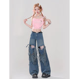 Ifomt Women Retro Blue Pants Baggy Vintage Y2k Harajuku 90s Aesthetic Pants Hollow Out High Waist Wide Leg Trouser 2000s Clothes 2024