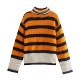 IFOMT Party Otufit Elegant Turtleneck Women's Sweater Orange Striped Patchwork Knitted Pullovers Knitwear Long Sleeved Top 2024 Autumn Loose Jumper