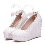 IFOMT  Crystal Queen White Wedges Wedding Pumps Sweet White Flower Lace Pearl Platform Pump Shoes Classic Bride Dress High Heeled Lady
