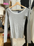 Ifomt 2025 Lace Patchwork Sweet Long Sleeve T-Shirt For Women Sexy Scoop Neck Slim Cotton Tees Tops Spring Cute Solid T-shirts Y2k