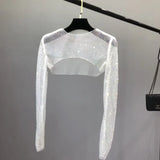 IFOMT Mesh Ironing Diamond Women Cover Up Beach Asymmetric See-through Long-sleeved Tshirts Hot Girl Sexy Hollow Shrug FemmeChristmas Gifts