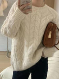 IFOMT Solid Crew Neck Cable Knit Sweater