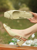 IFOMT Belt Buckle Rhinestone Split-Joint Square-Toe Pumps Sling Shoes