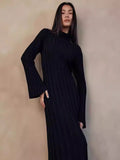 IFOMT Fall Winter New Knitted Dress Female Casual Big Striped High Collar Sweater Long Dress Elegant Flare Sleeve Party Dresses