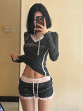 Ifomt American Vintage Spice Girl 2 Piece Set Women Sexy V-neck Long Sleeve Slim Tops + Y2k High Waist Shorts Sweet Sprots Suits 2024 outfit inspo